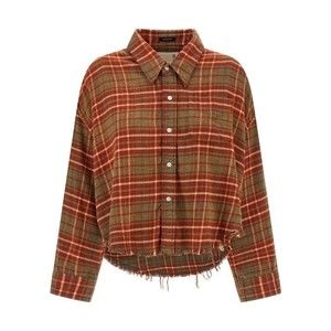 R13 Cropped Check Print Cotton Shirt With Fringed Asymmetric Hem - NWT